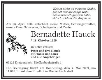 Traueranzeige von Bernadette Hauck von OFFENBACH-POST/HANAU-POST