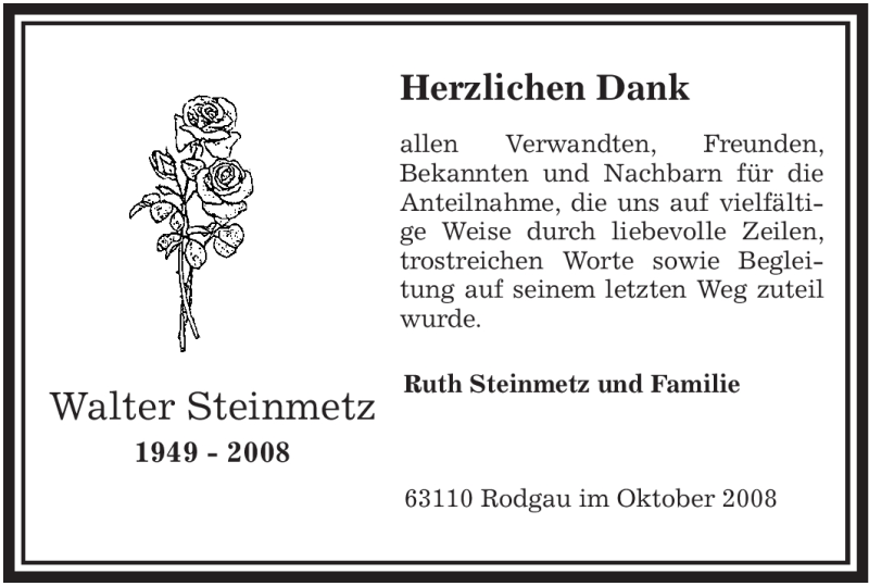  Traueranzeige für Walter Steinmetz vom 01.11.2008 aus OFFENBACH-POST/HANAU-POST
