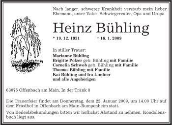 Traueranzeige von Heinz Bühling von OFFENBACH-POST/HANAU-POST