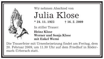 Traueranzeige von Julia Klose von OFFENBACH-POST/HANAU-POST