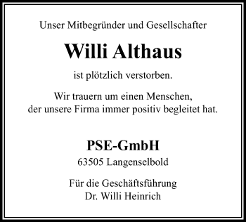 Traueranzeige von Willi Althaus von Offenbach