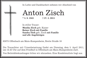 Traueranzeige von Anton Zisch von OFFENBACH-POST/HANAU-POST