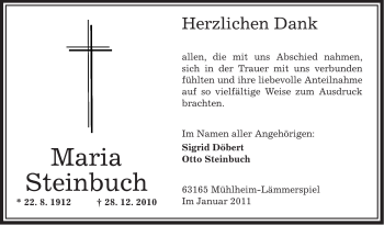 Traueranzeige von Maria Steinbuch von OFFENBACH-POST/HANAU-POST