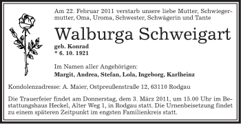 Traueranzeige von Walburga Schweigart von OFFENBACH-POST/HANAU-POST