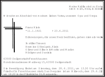 Traueranzeige von Franz Klein von OFFENBACH-POST/HANAU-POST