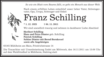 Traueranzeige von Franz Schilling von OFFENBACH-POST/HANAU-POST