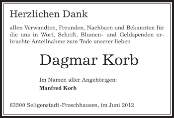 Traueranzeige von Dagmar Korb von OFFENBACH-POST/HANAU-POST