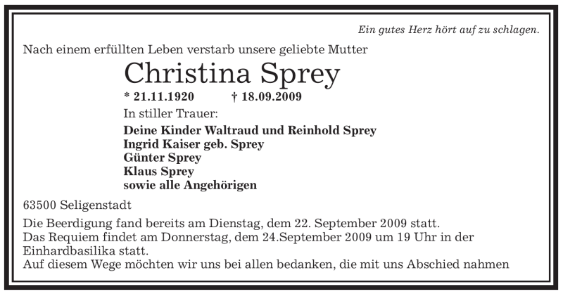  Traueranzeige für Christina Sprey vom 24.09.2009 aus OFFENBACH-POST/HANAU-POST