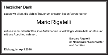 Traueranzeige von Mario Rigatelli von OFFENBACH-POST/HANAU-POST