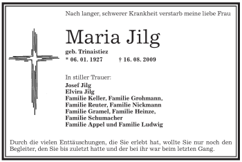 Traueranzeige von Maria Jilg von OFFENBACH-POST/HANAU-POST