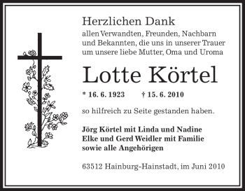 Traueranzeige von Lotte Körtel von OFFENBACH-POST/HANAU-POST