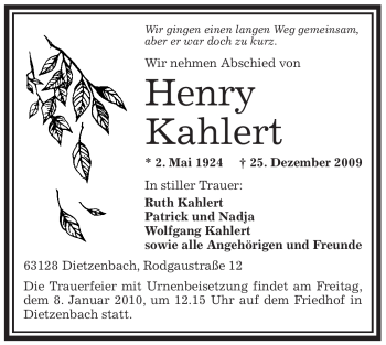 Traueranzeige von Henry Kahlert von OFFENBACH-POST/HANAU-POST