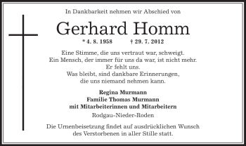 Traueranzeige von Gerhard Homm von OFFENBACH-POST/HANAU-POST