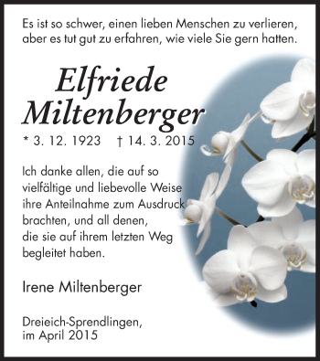 Traueranzeige von Elfriede Miltenberger von Offenbach