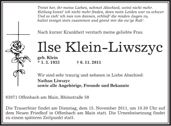 Traueranzeige von Ilse Klein-Liwszyc von OFFENBACH-POST/HANAU-POST