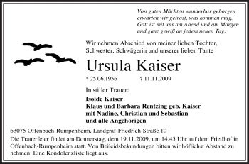 Traueranzeige von Ursula Kaiser von OFFENBACH-POST/HANAU-POST