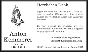 Traueranzeige von Anton Kemmerer von OFFENBACH-POST/HANAU-POST