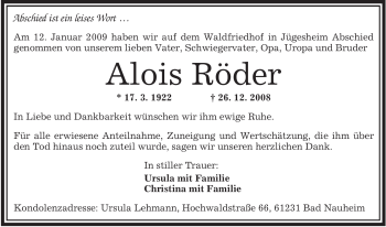 Traueranzeige von Alois Röder von OFFENBACH-POST/HANAU-POST