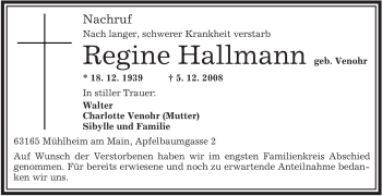 Traueranzeige von Regine Hallmann von OFFENBACH-POST/HANAU-POST