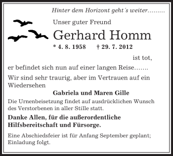 Traueranzeige von Gerhard Homm von OFFENBACH-POST/HANAU-POST