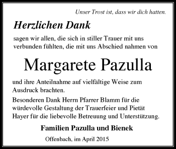 Traueranzeige von Margarete Pazulla von Offenbach