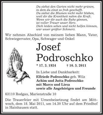 Traueranzeige von Josef Podroschko von OFFENBACH-POST/HANAU-POST