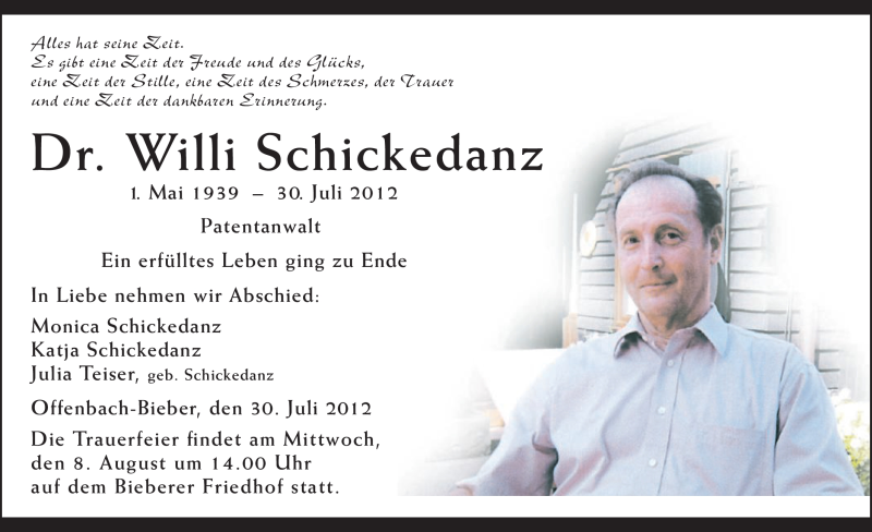  Traueranzeige für Willi Schickedanz vom 04.08.2012 aus OFFENBACH-POST/HANAU-POST
