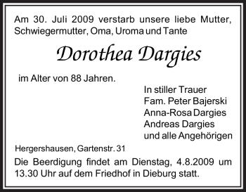 Traueranzeige von Dorothea Dargies von OFFENBACH-POST/HANAU-POST