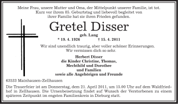 Traueranzeige von Gretel Disser von OFFENBACH-POST/HANAU-POST