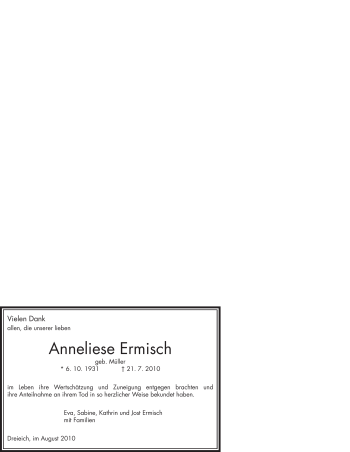 Traueranzeige von Anneliese Ermisch von OFFENBACH-POST/HANAU-POST