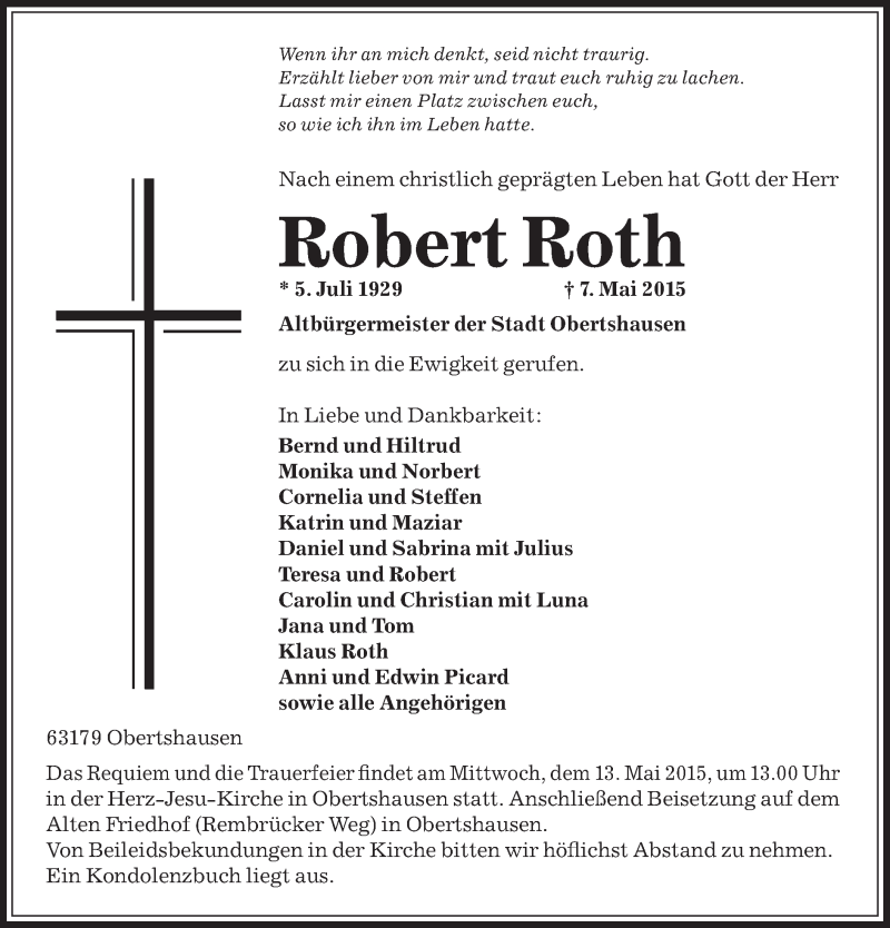  Traueranzeige für Robert Roth vom 09.05.2015 aus Offenbach