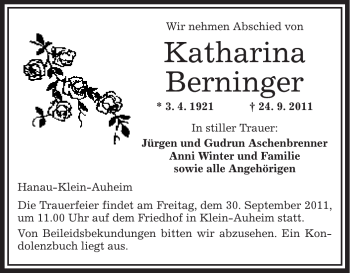 Traueranzeige von Katharina Berninger von OFFENBACH-POST/HANAU-POST