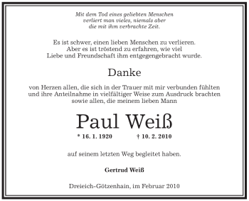 Traueranzeige von Paul Weiß von OFFENBACH-POST/HANAU-POST