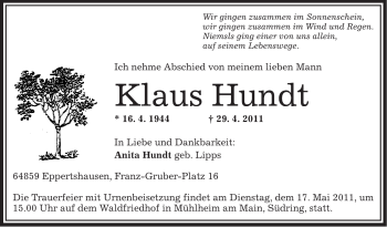 Traueranzeige von Klaus Hundt von OFFENBACH-POST/HANAU-POST