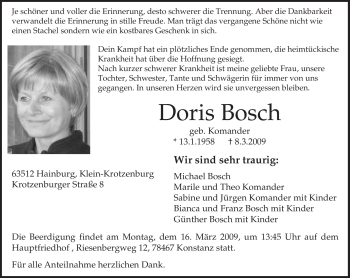 Traueranzeige von Doris Bosch von OFFENBACH-POST/HANAU-POST