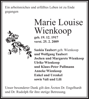 Traueranzeige von Marie Louise Wienkoop von OFFENBACH-POST/HANAU-POST