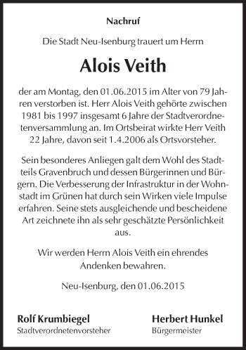 Traueranzeige von Alois Veith von Offenbach