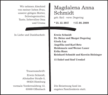 Traueranzeige von Magdalena Anna Schmidt von OFFENBACH-POST/HANAU-POST
