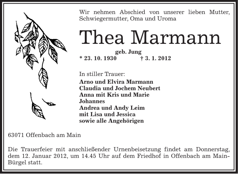  Traueranzeige für Thea Marmann vom 07.01.2012 aus OFFENBACH-POST/HANAU-POST