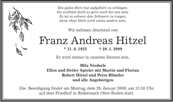 Traueranzeige von Franz Andreas Hitzel von OFFENBACH-POST/HANAU-POST