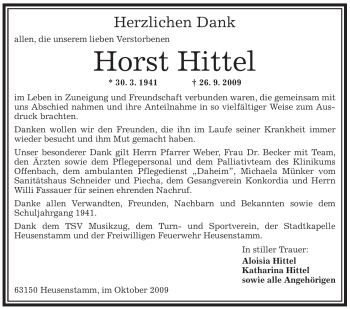Traueranzeige von Horst Hittel von OFFENBACH-POST/HANAU-POST