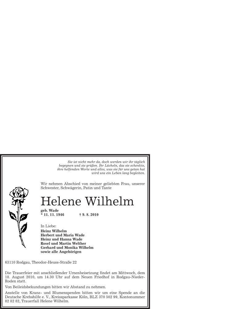  Traueranzeige für Helene Wilhelm vom 12.08.2010 aus OFFENBACH-POST/HANAU-POST