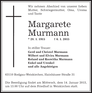 Traueranzeige von Margarete Murmann von Offenbach