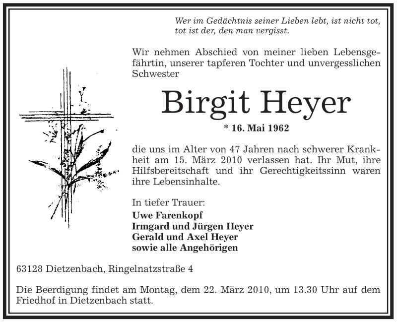  Traueranzeige für Birgit Heyer vom 18.03.2010 aus OFFENBACH-POST/HANAU-POST