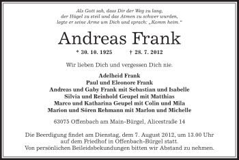 Traueranzeige von Andreas Frank von OFFENBACH-POST/HANAU-POST