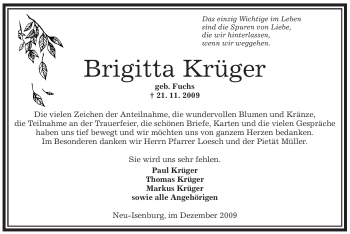 Traueranzeige von Brigitta Krüger von OFFENBACH-POST/HANAU-POST