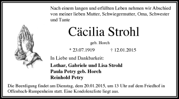 Traueranzeige von Cäcilia Strohl von Offenbach