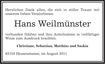 Traueranzeige von Hans Weilmünster von OFFENBACH-POST/HANAU-POST