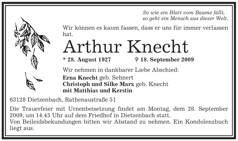  Traueranzeige für Arthur Knecht vom 24.09.2009 aus OFFENBACH-POST/HANAU-POST