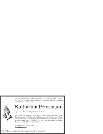 Traueranzeige von Katharina Petermann von OFFENBACH-POST/HANAU-POST